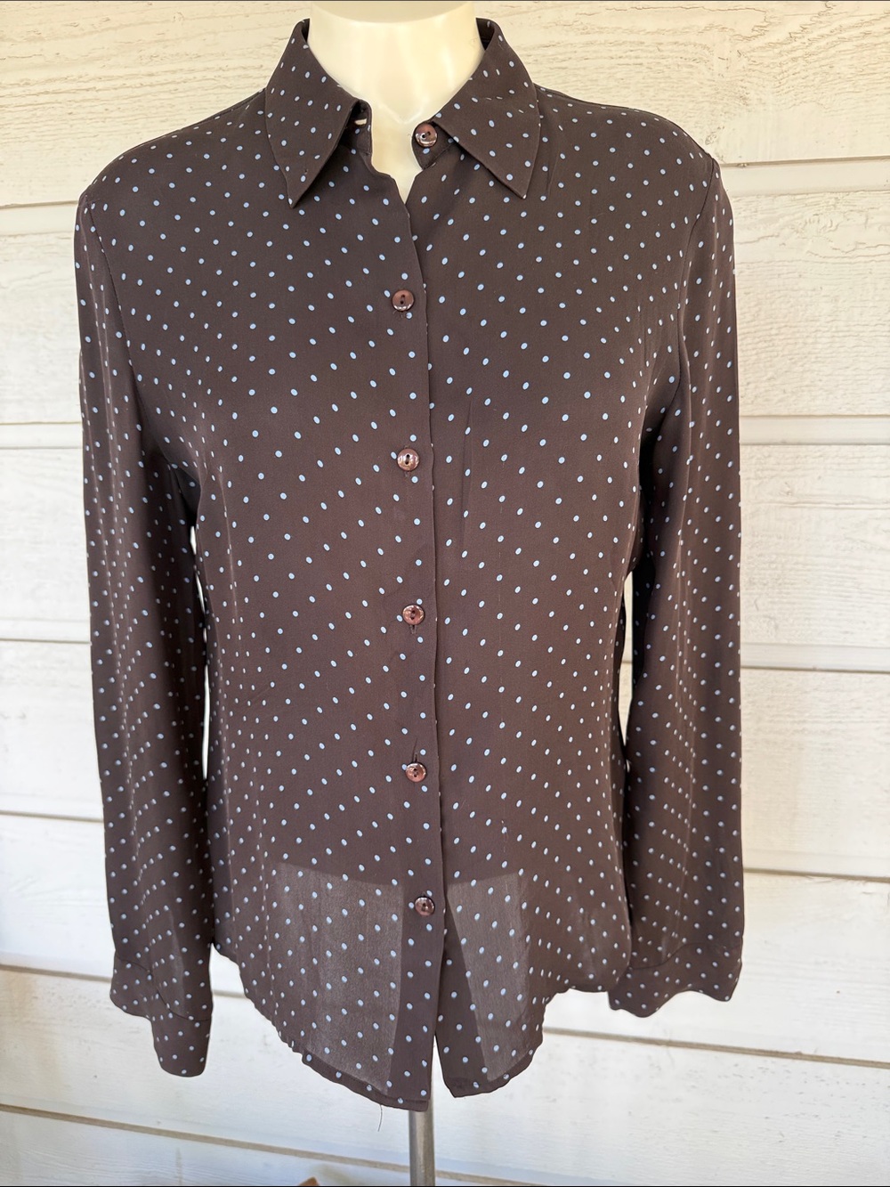 Ann Taylor Brown Button-Up Blouse with Light Blue Polka Dots